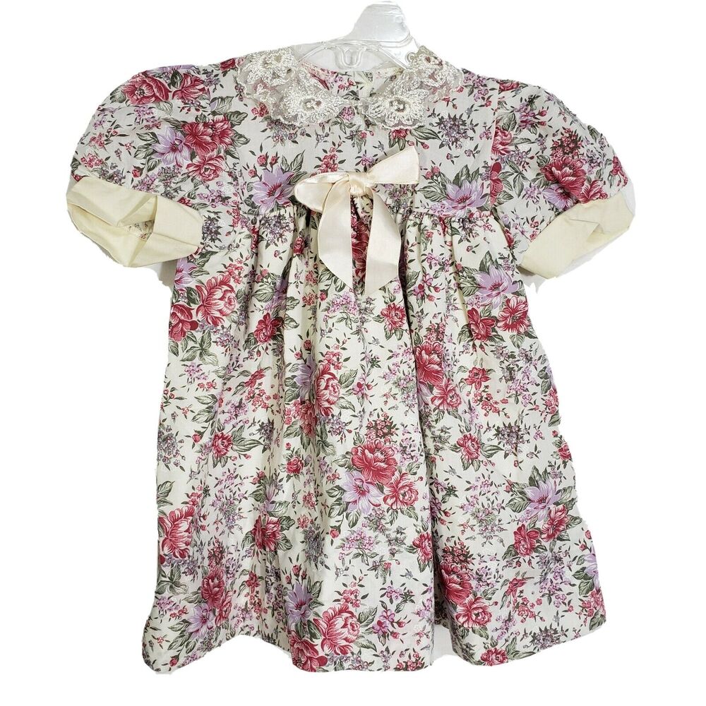 Vtg Nursery Rhyme Girls 6-12 Mths Party Dress Floral Lined Bow Lace Multicolor